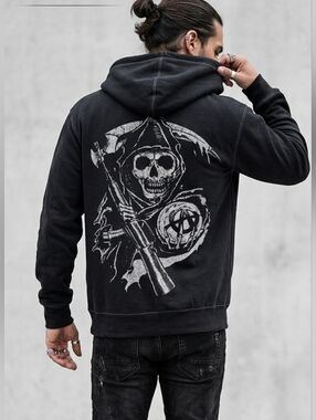 Sons Of Anarchy Sweater Skull Head Reaper SOA Black Hoodie Large Zipup Samcro